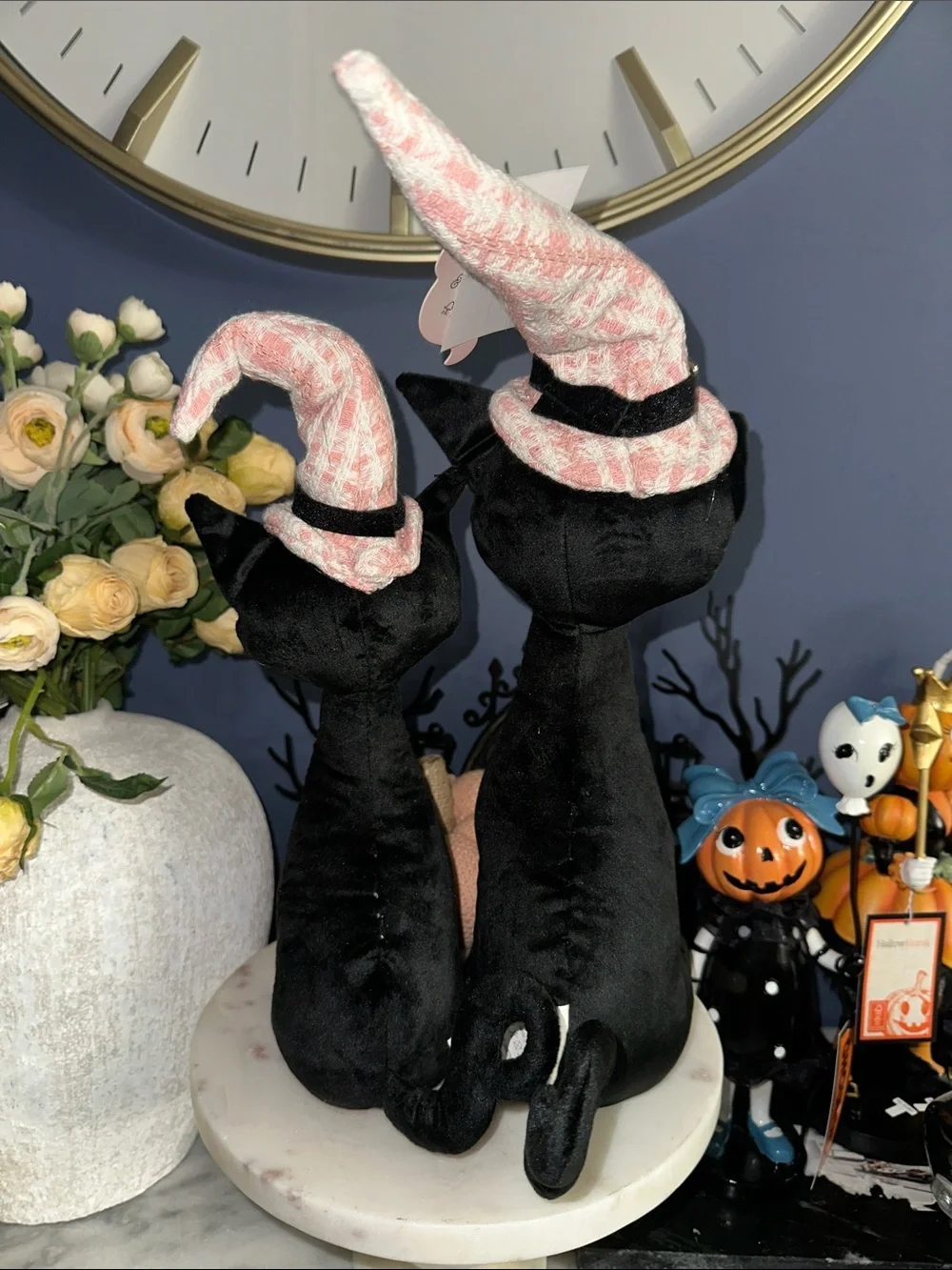 Holiday Black Cat Plush Duo with Pink Witch Hats - Cozy Décor